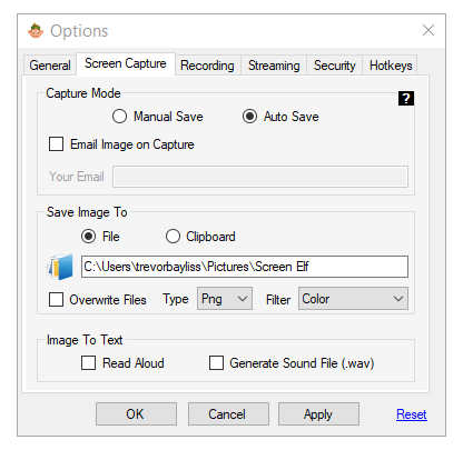 screen capture option settingss 